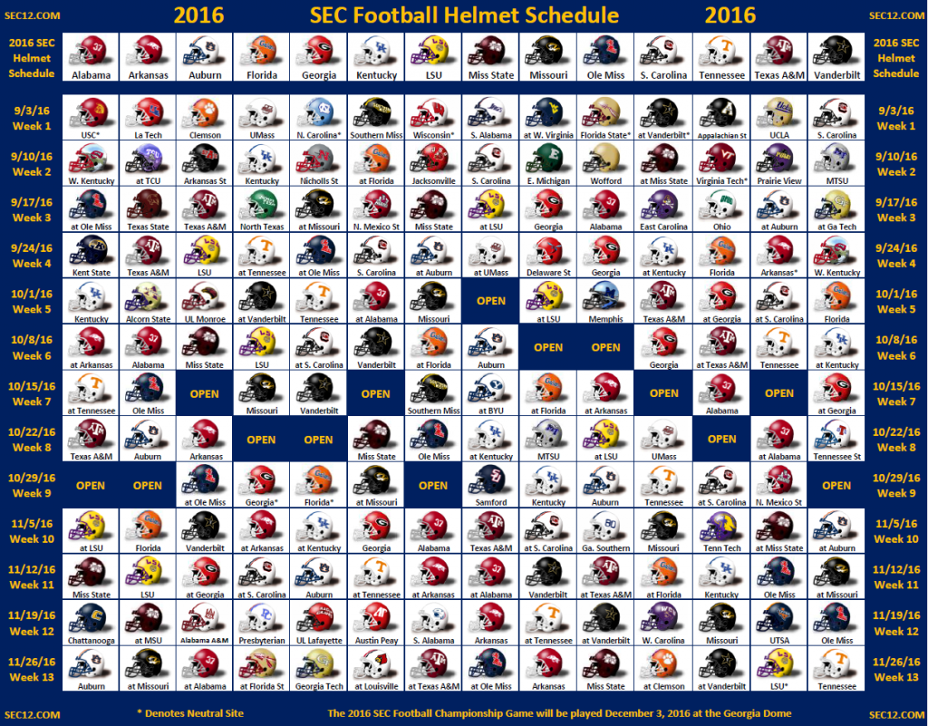 2016 SEC Football Helmet Schedule