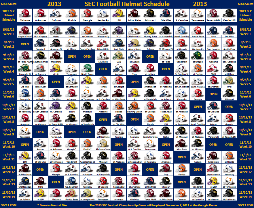 2013 SEC Football Helmet Schedule