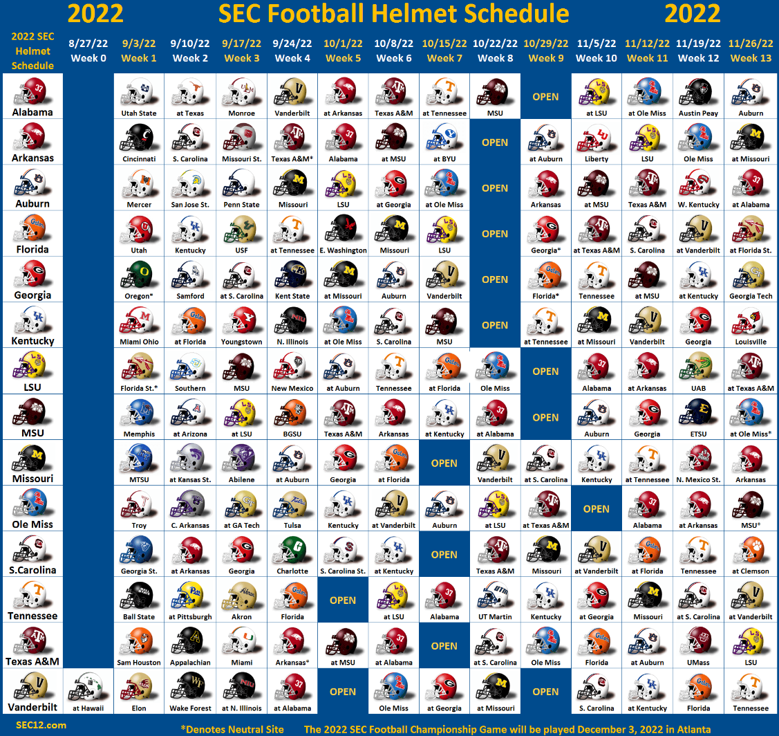 2022 SEC Football Helmet Schedule