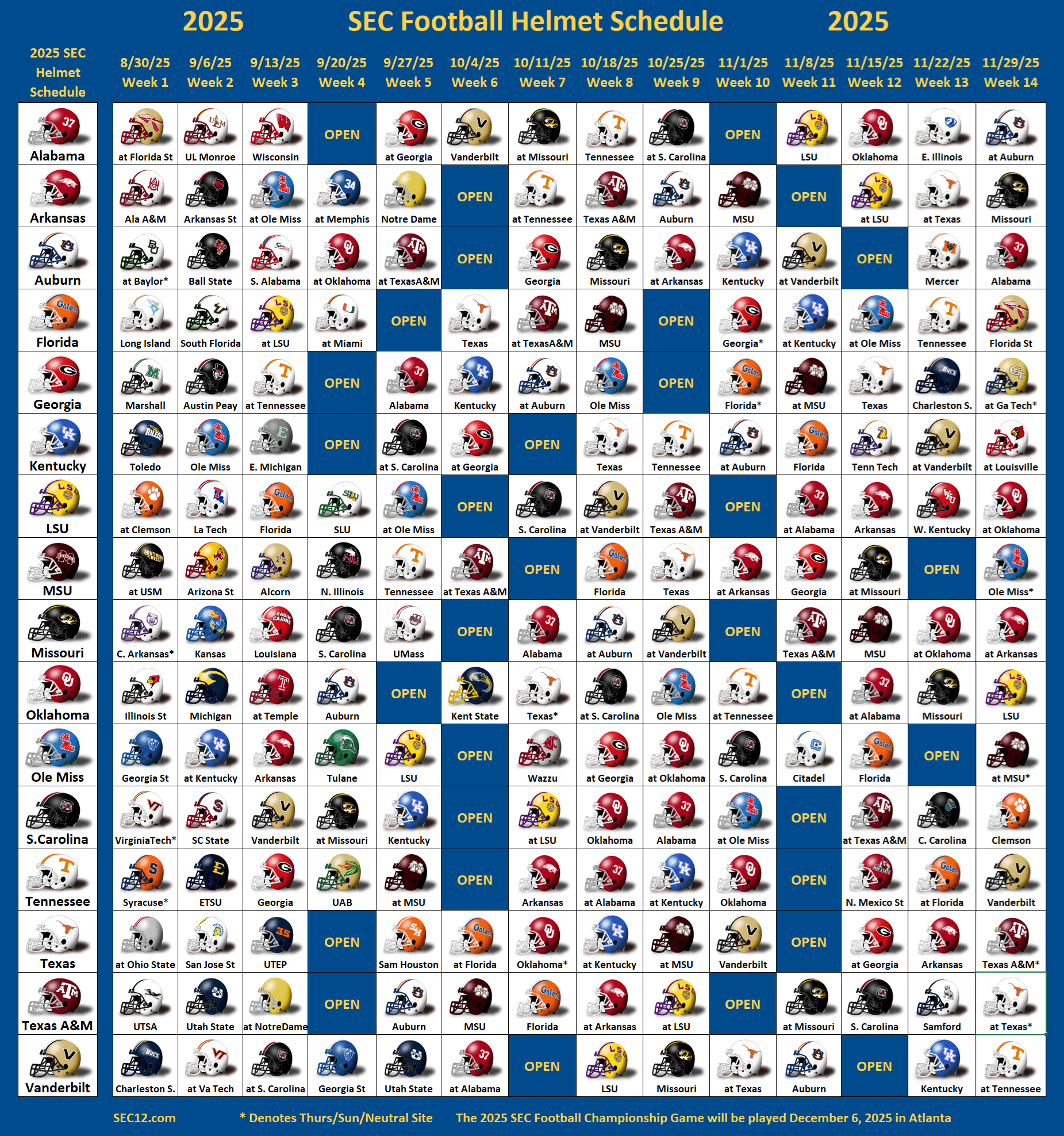2025 SEC Football Helmet Schedule
